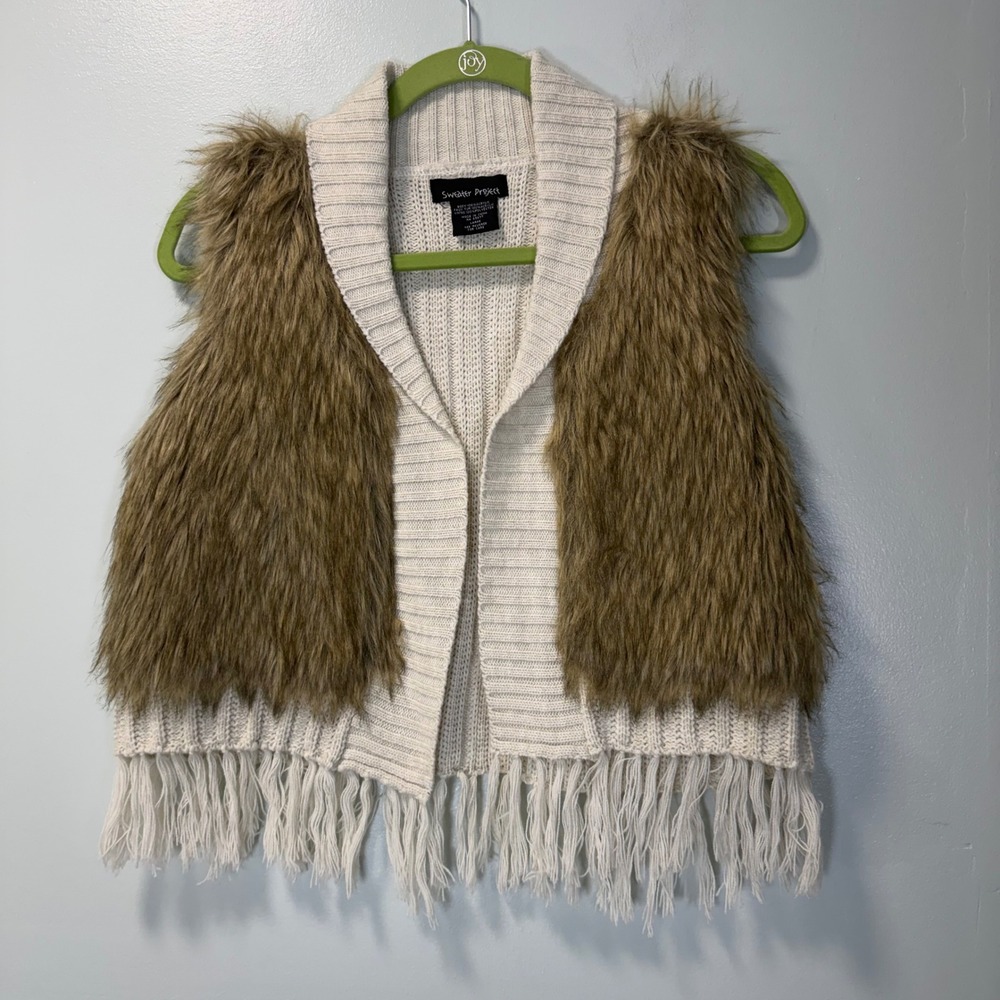 Sweater Project Fringed Faux Fur Knit Vest Sand Combo Boho Western Large New